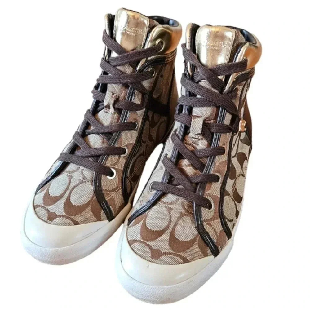 Coach New York Women's Brown Freesia Lace Up High Top Sneaker Shoes Size 8.